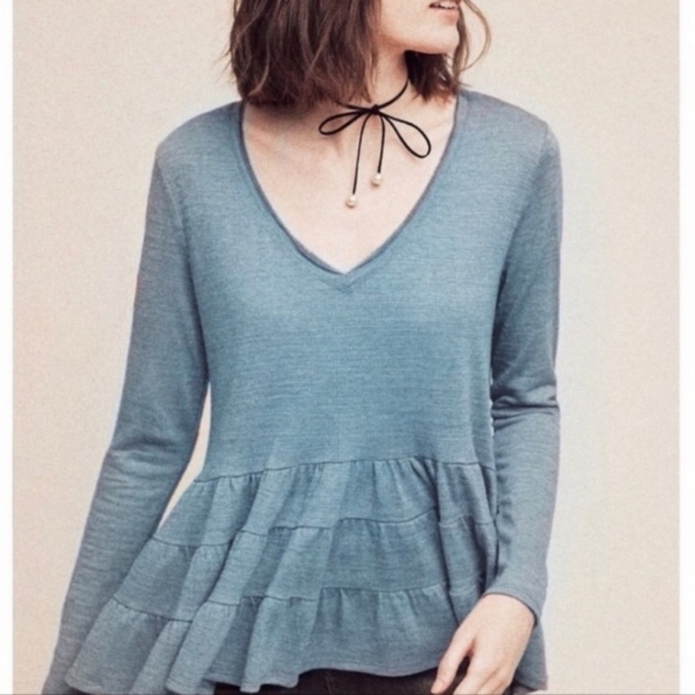 Anthropologie Deletta Blue Green V Neck Peplum Top
